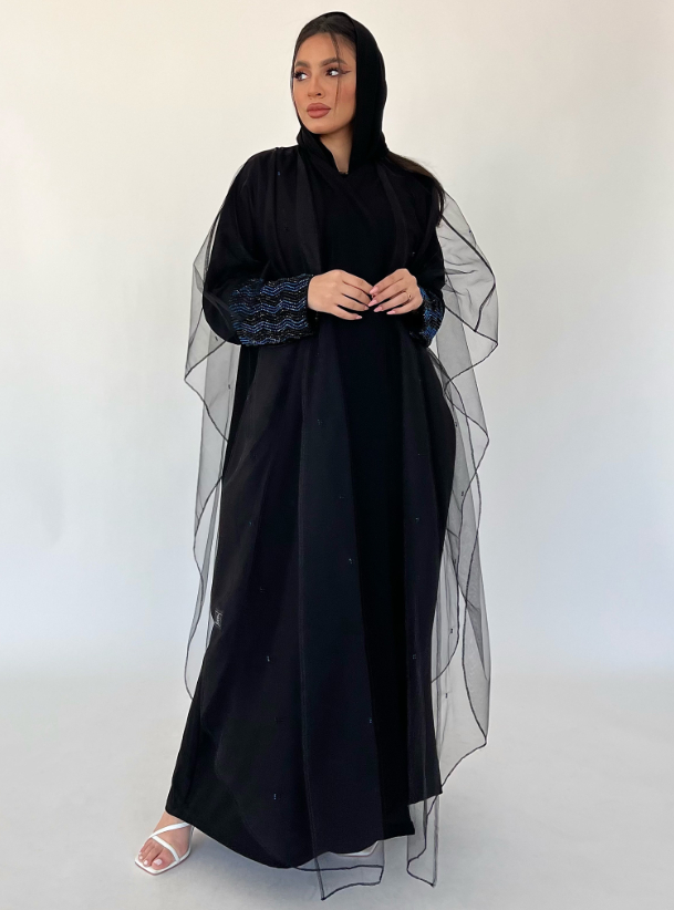 0105 Three-piece abaya set with blue and black bead embroidery on bisht ...