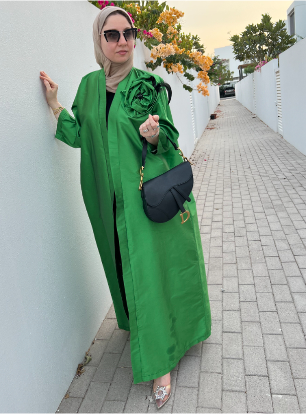 Flower Green Elegant Green Abaya With A Flower Design Adorned With 