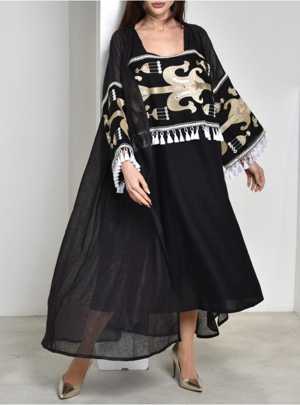 Linen Kaftan Linen embroidered kaftan. Length of bisht 53 inches and length of inner dress 49