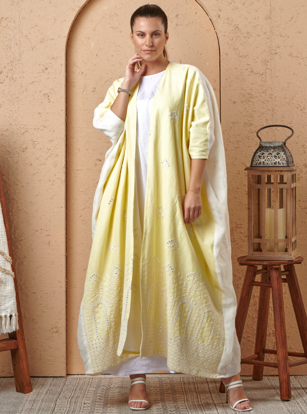 Linen Bisht Linen Baby yellow Bisht fully embroidered with fine crepe ...