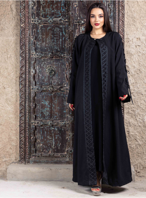SA-123 Black Black Abaya with Embroidery & Weave Design Details Abayas ...