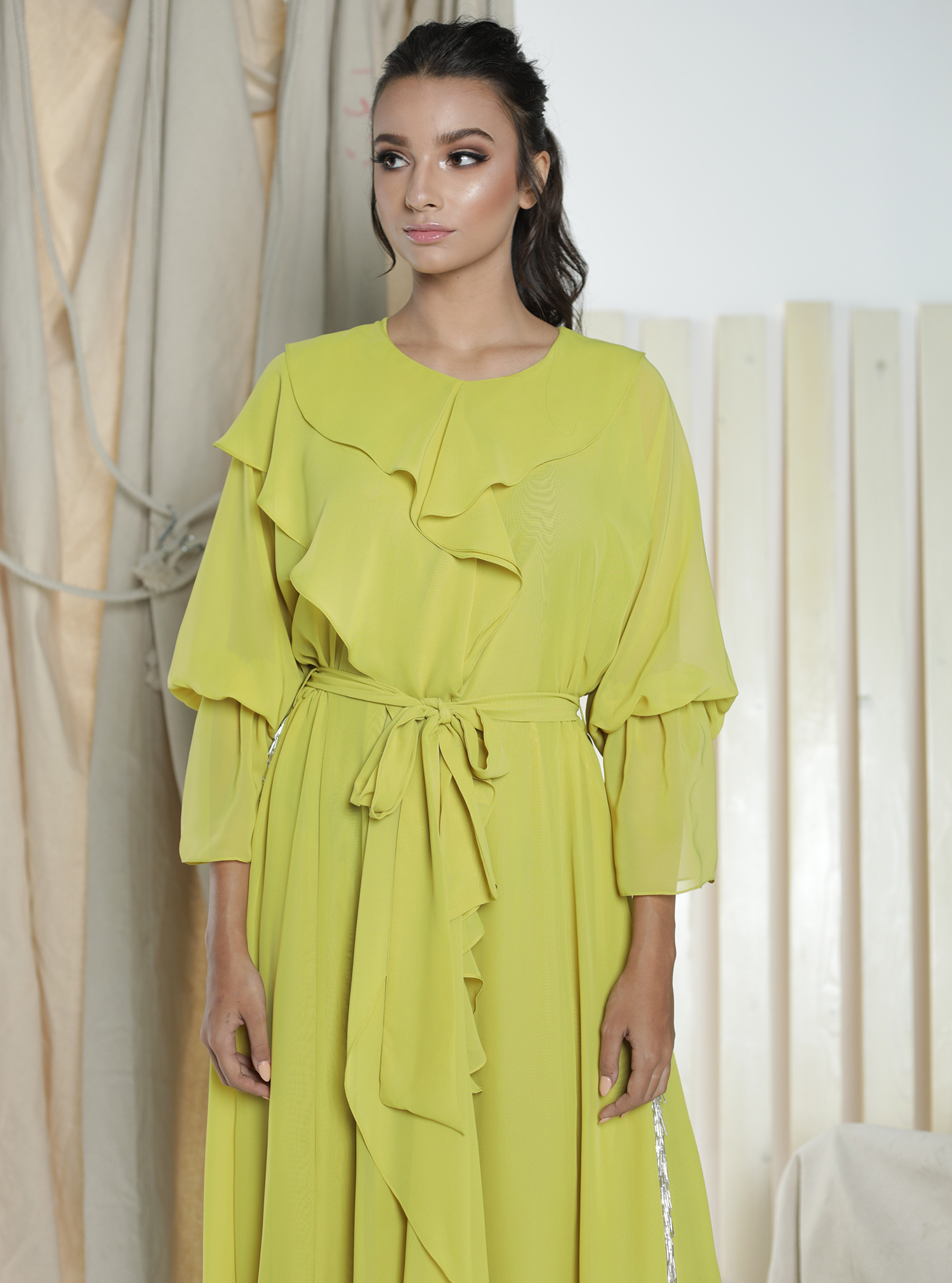 BYKGGT yellow Chiffon dress ruffled with beading tassel Dresses from Beyanki at Boksha