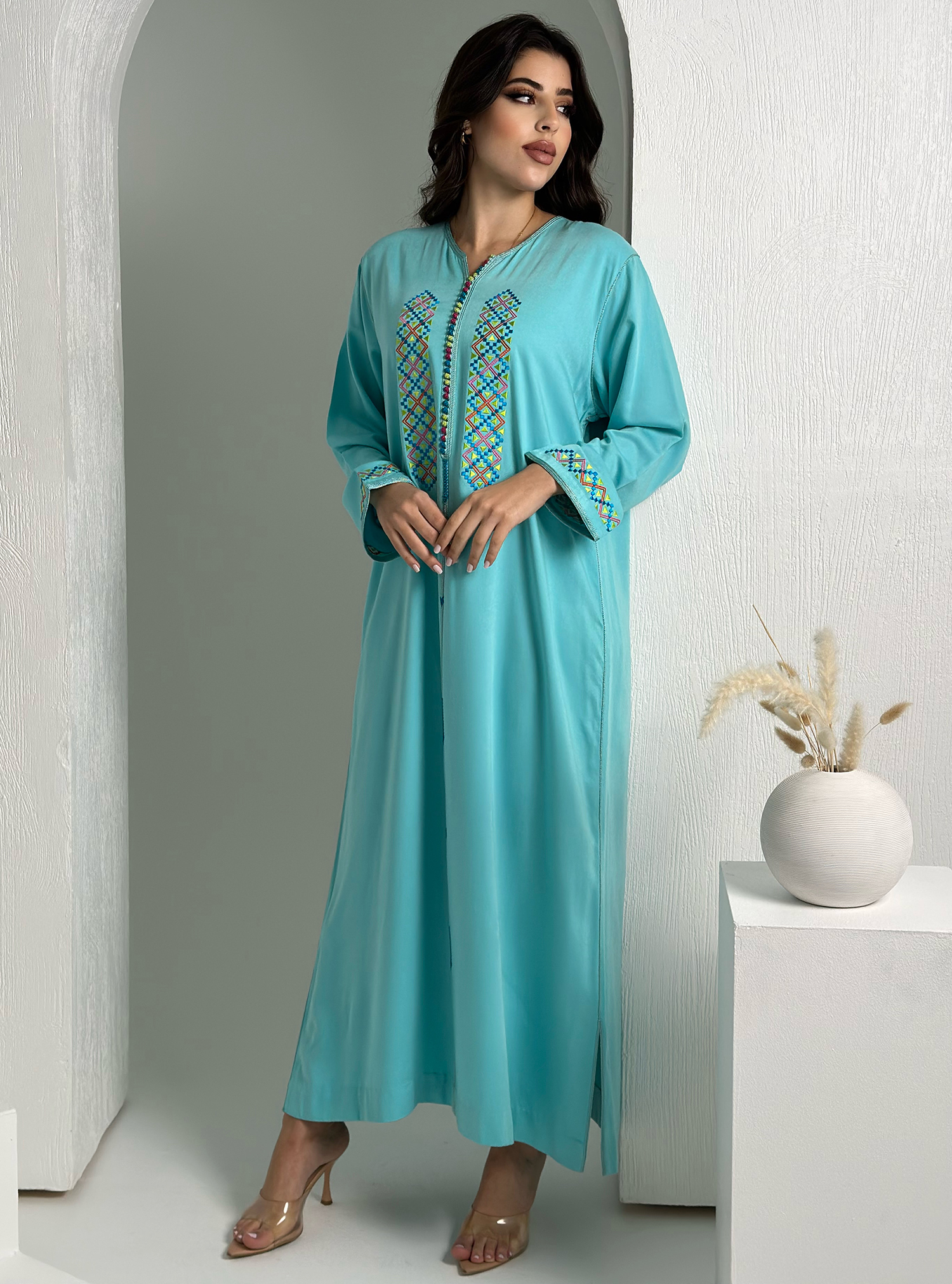 Caftan aqua Traditional Moroccan caftan. Made in Morocco Kaftans from Stitch Symphony at Boksha
