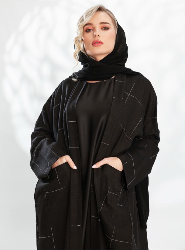 Black Square Black abaya with white squared style, perfect for ...