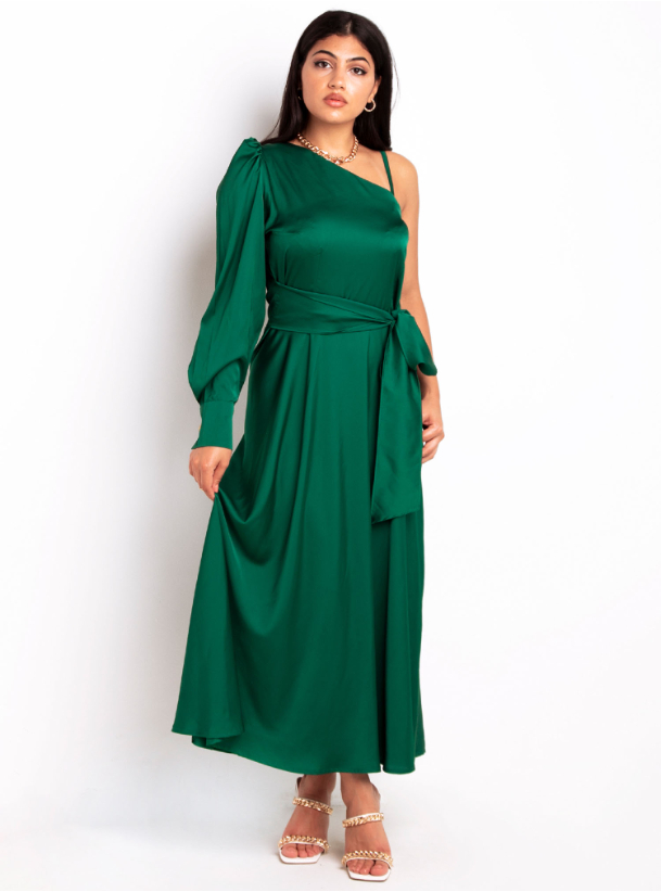 LD0002 Green A maxi self-belted flowy dress with a cowl neckline and ...