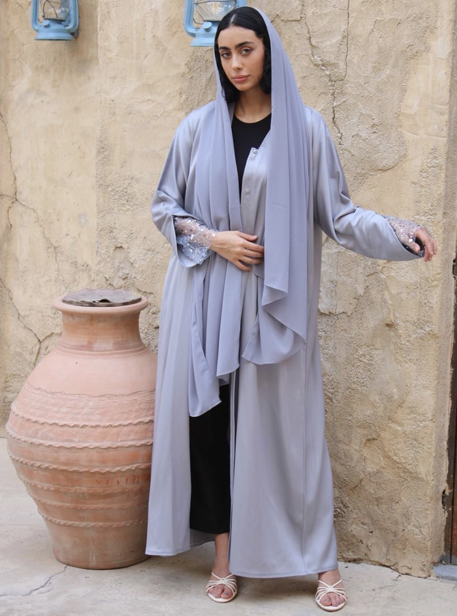 GREY ABAYA Grey abaya with glitter sleeves Abayas from My Abaya at Boksha