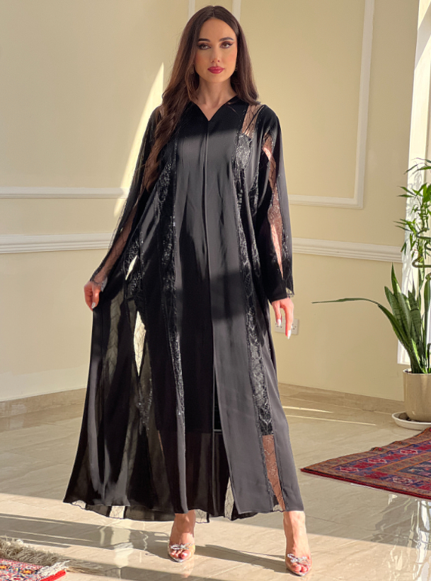 AT-006 Abaya Black crepe abaya with sheer lace panel details. Comes ...