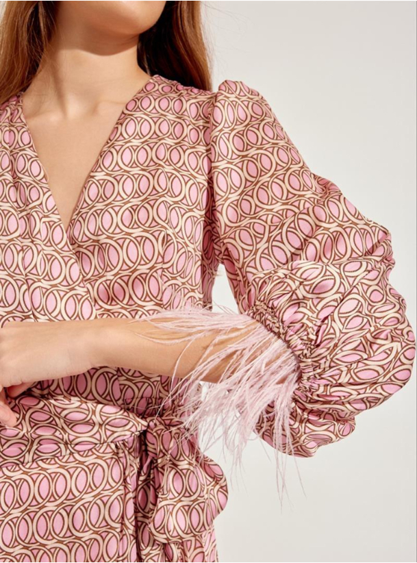 Print Dress Vneck pleated maxi dress in printed pink with self tie