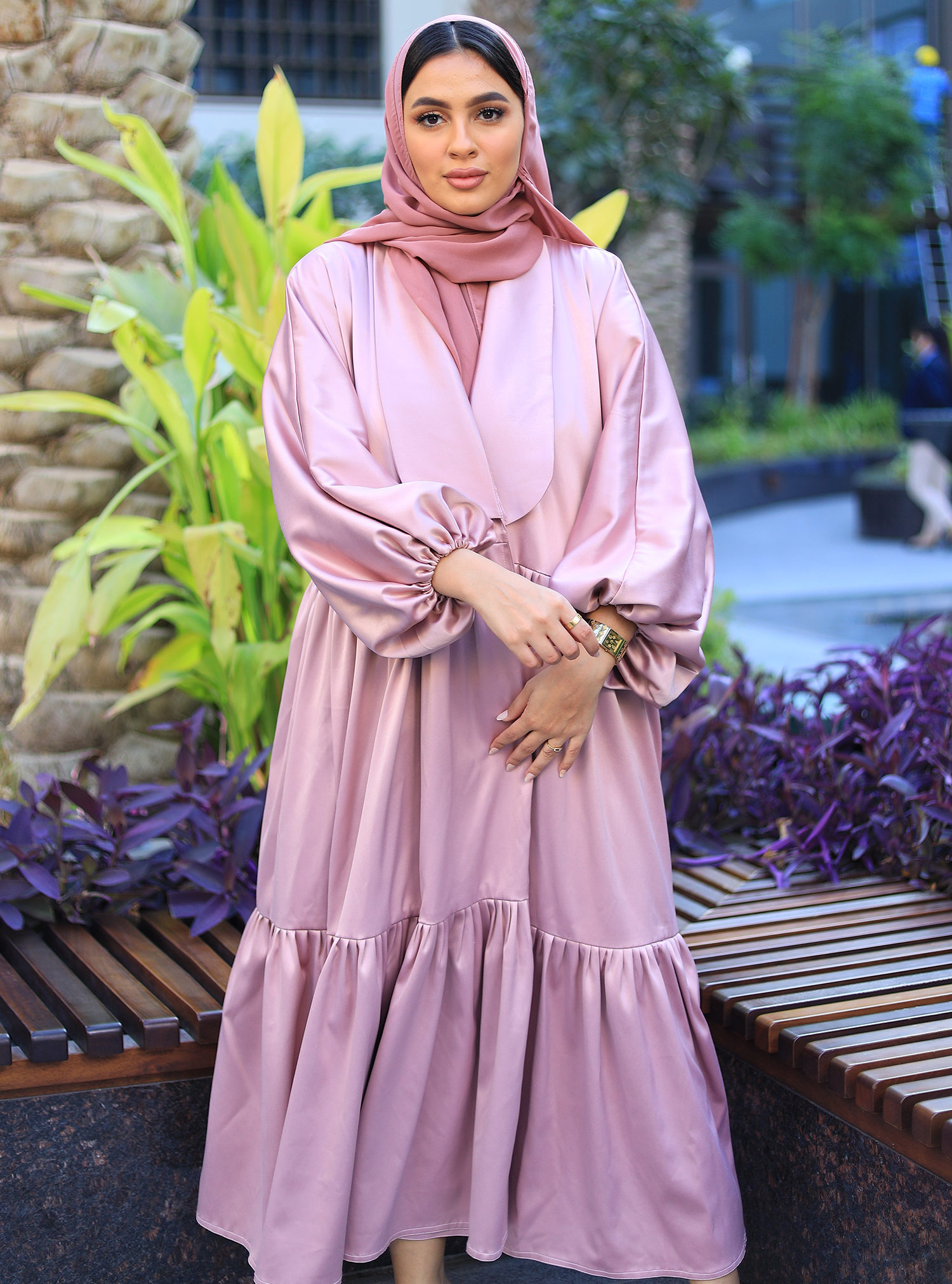 Pink Abaya Pink abaya with bubble sleeves and tiered hem. Comes with a ...