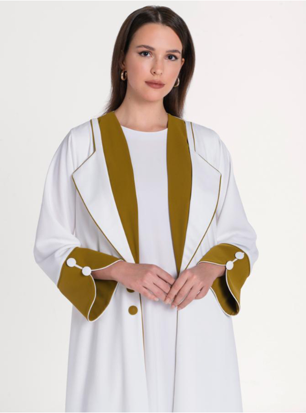 TARA Off white abaya with cyber lime color double collar with piping ...