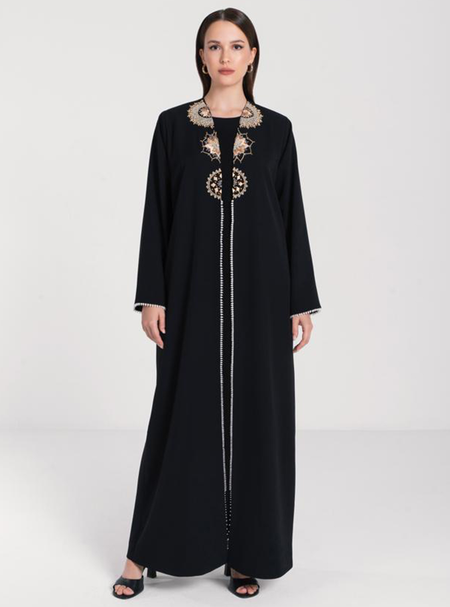 NURUL Classic cut black abaya with gold thread & lulu inspired ...