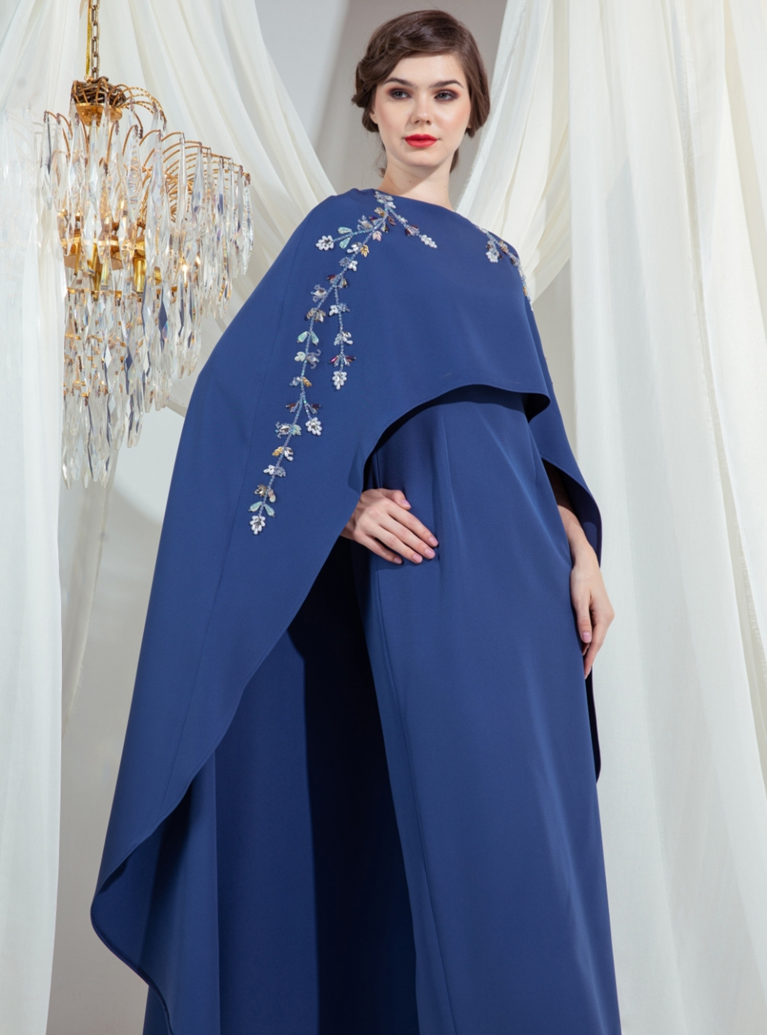royal blue cape dress Bell Sleeve Cape Quinceanera Dress by House of Wu 26057 24 / Royal main image 1