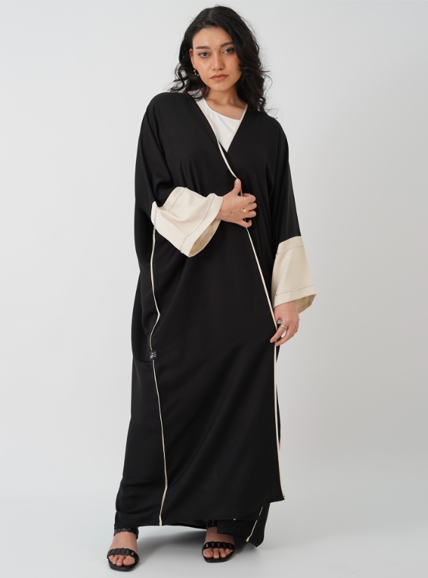 Abaya #PW Black Nada fabric with white hand and crystal hand. Abayas ...