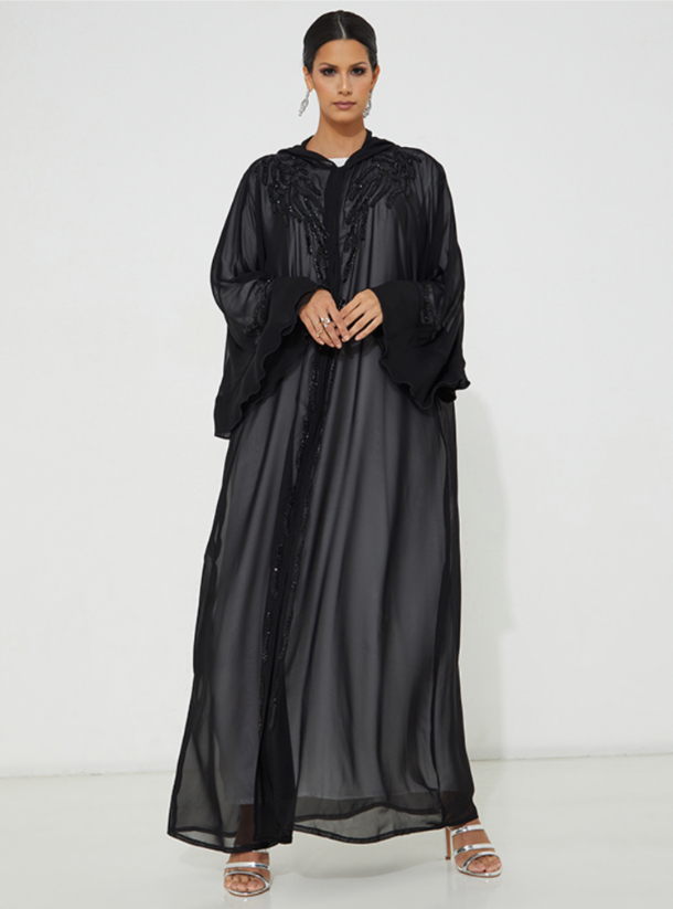 Morroccan Stone Black chiffon abaya with hood, adorned with ...