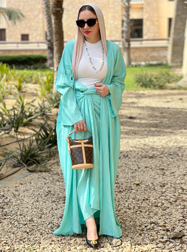 Mint abaya set Abaya with skirt set Abayas from Roua Designs at Boksha