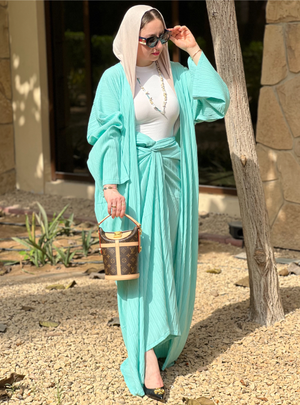 Mint abaya set Abaya with skirt set Abayas from Roua Designs at Boksha