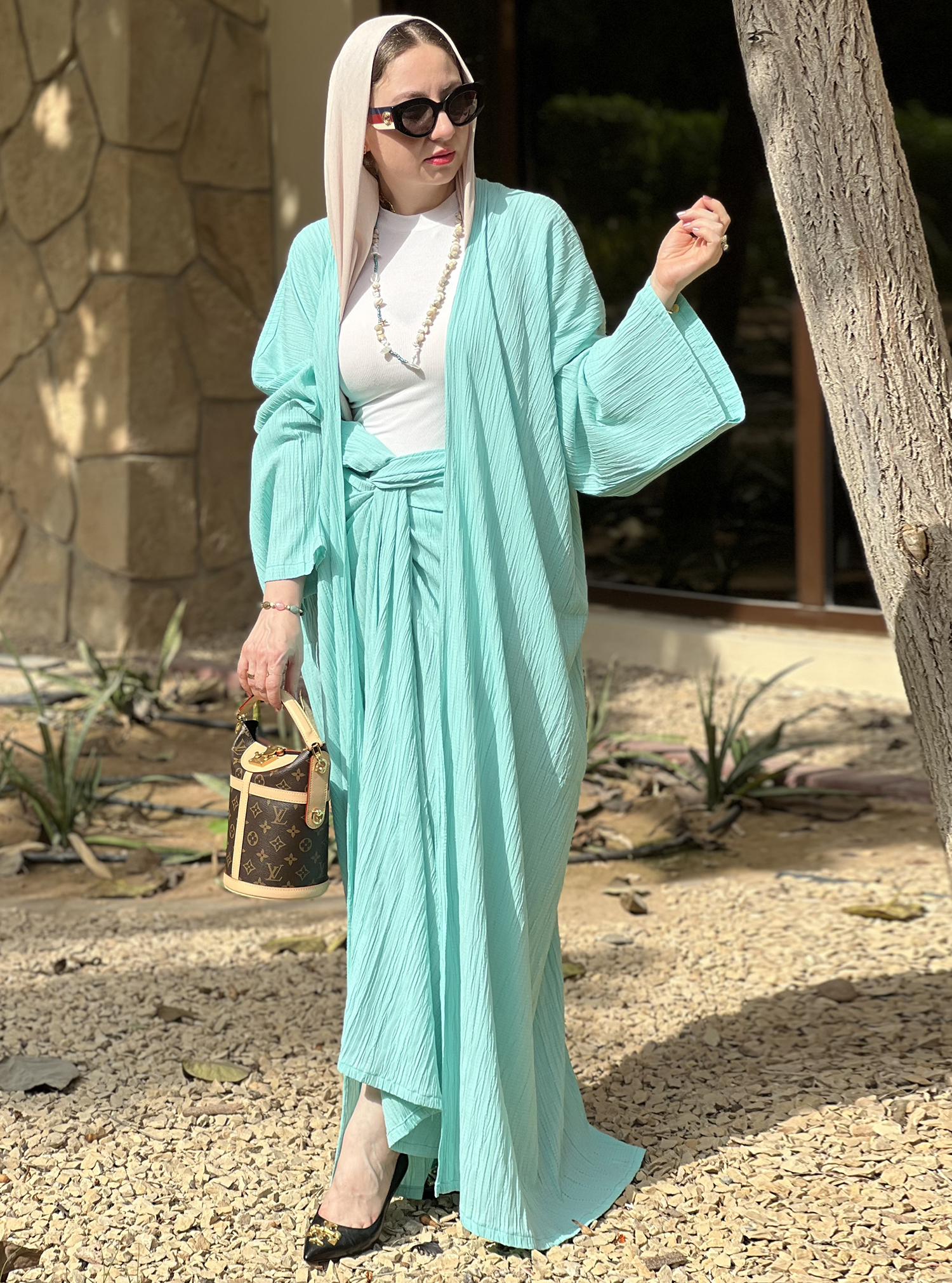 Mint abaya set Abaya with skirt set Abayas from Roua Designs at Boksha