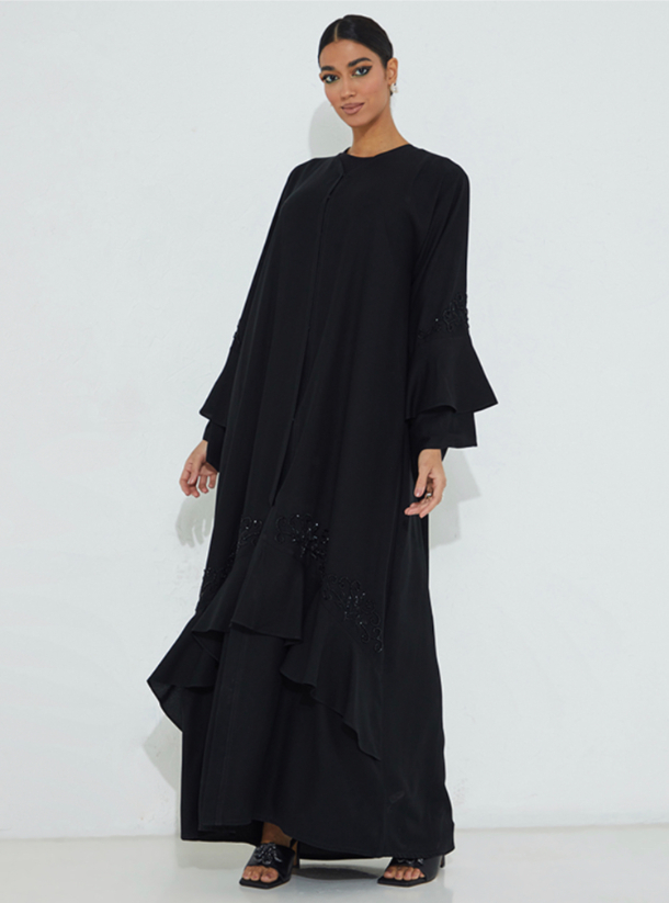 Black-Ruffle Black open ruffled abaya with embellishments. Abayas from ...