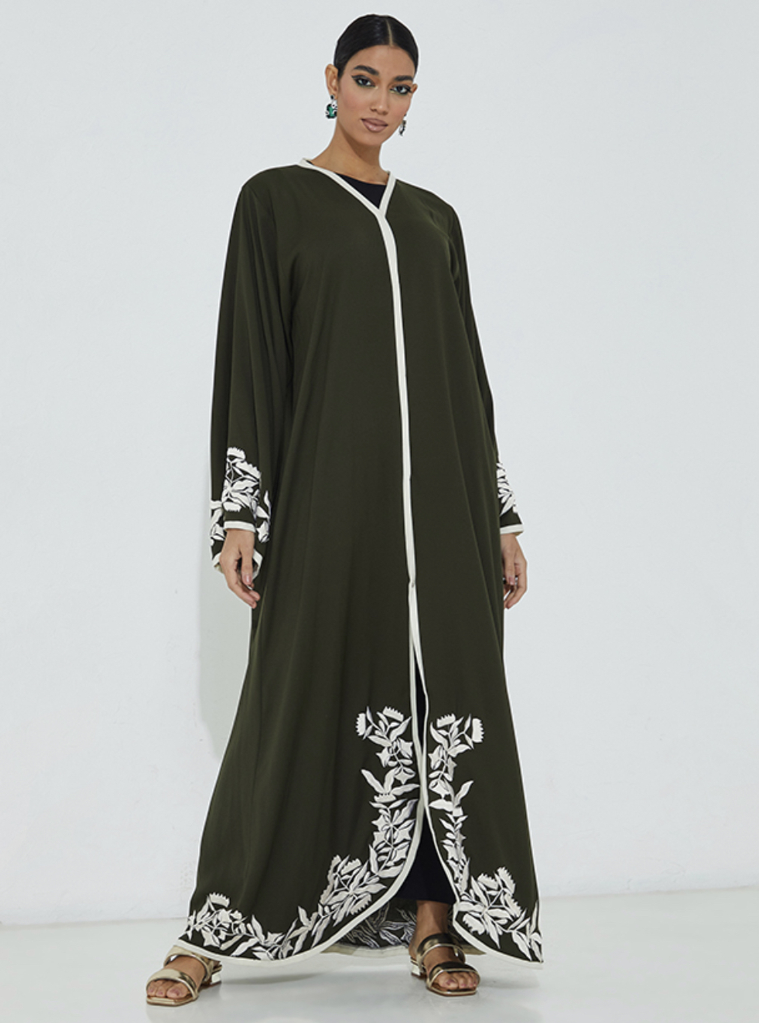 Green-wave Army green abaya with contrast piping trimming and white ...