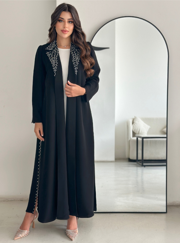 SL-2013 Abaya Black coat abaya with embellished collar and side panels ...