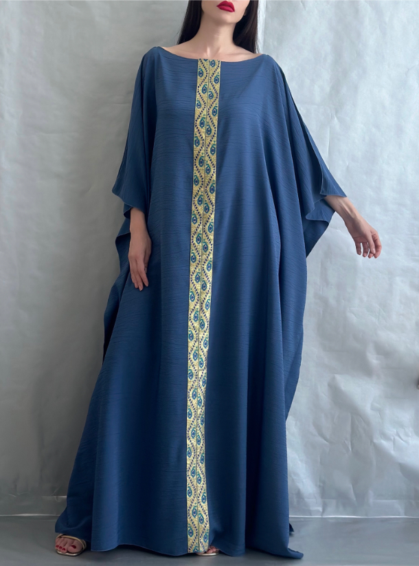 Blue kaftan Blue kaftan with gold embroidery trimmings and side slits ...