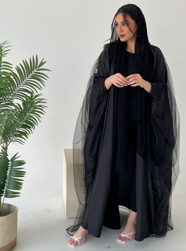 32C Tulle Abaya Black elegant silk abaya with tulle Abayas from Shelen ...