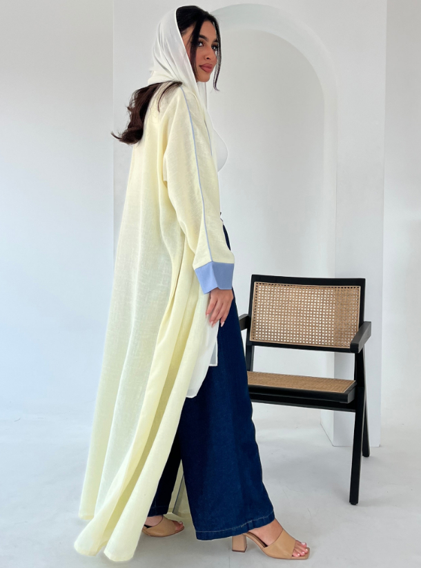 Lemon linen Light lemon yellow linen abaya with light blue trimmings