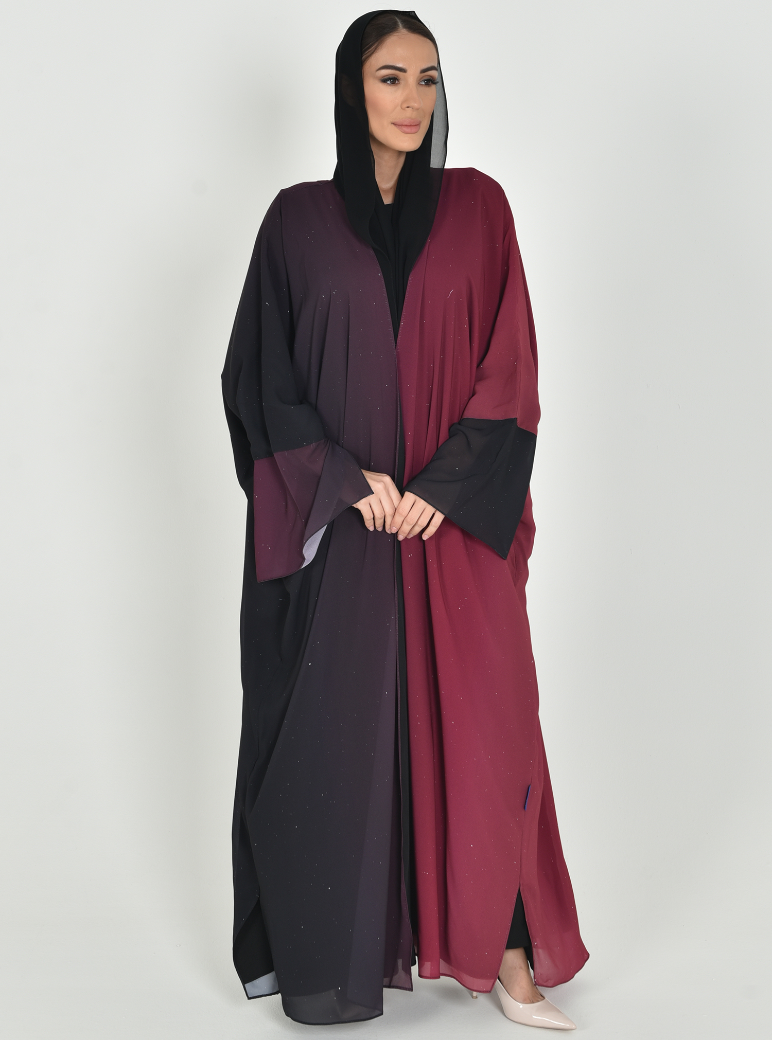Sky Abaya Maroon gradient summer abaya with glitter details. Comes with a headscarf. Lightweight