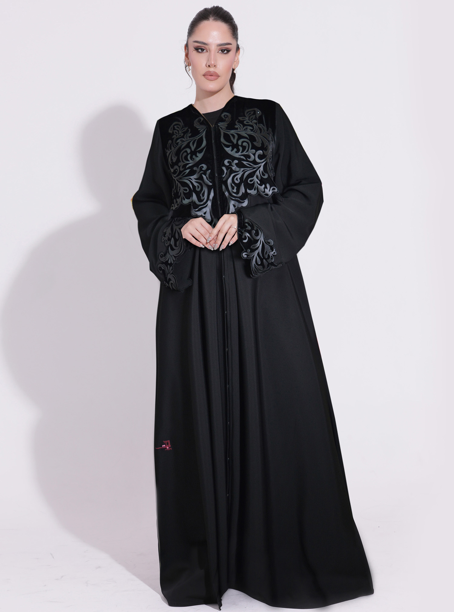 Sr-nc0593 Abaya Black Abaya With Cut-out Velvet Details. . Comes With A 