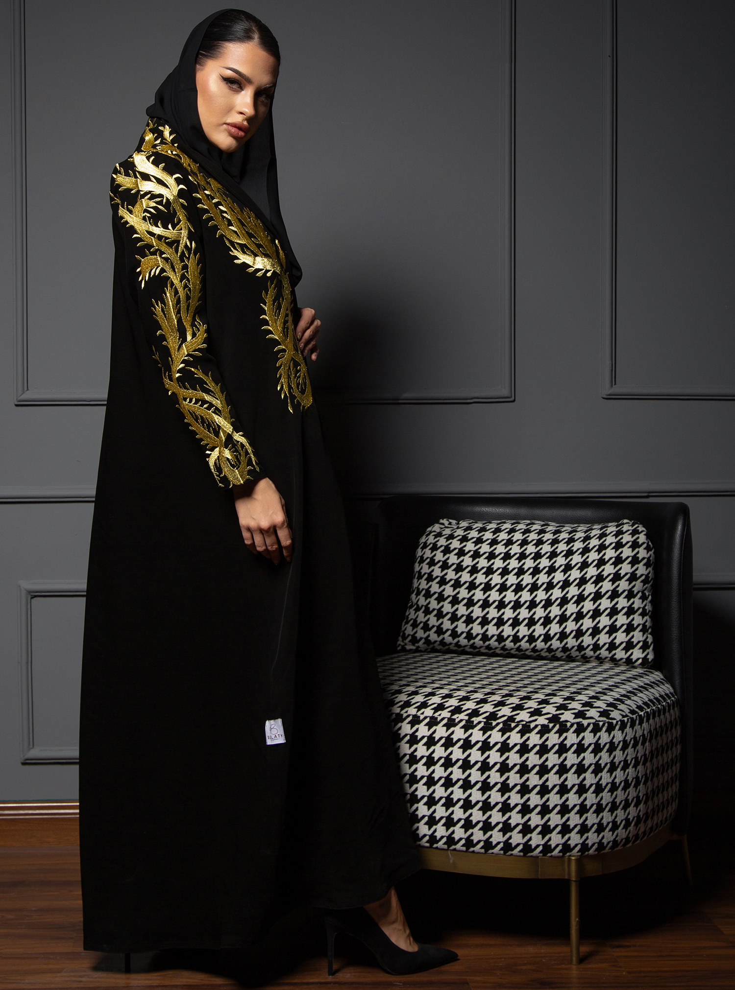 Black abaya outlet with gold embroidery