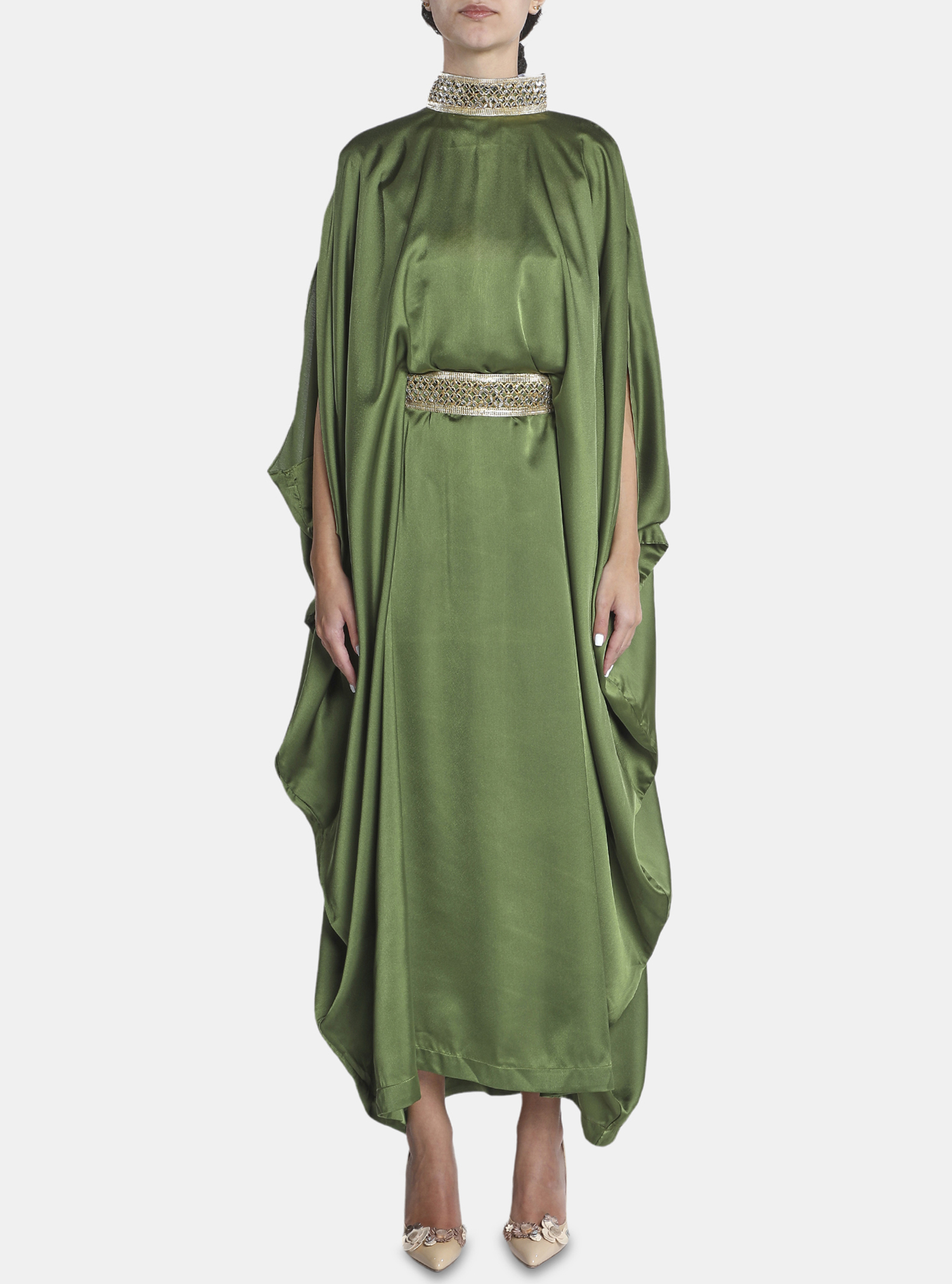 Kaftan Dress Green satin kaftan dress with high neckline and belt ...