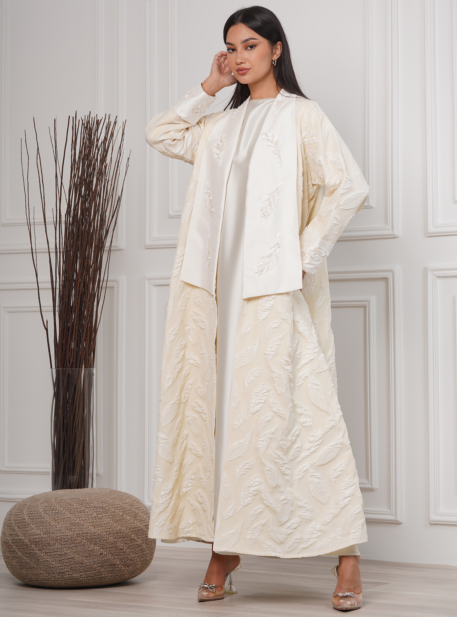 Dm23-A07 Cream textured abaya with shawl collar. Comesw ith a headscarf ...