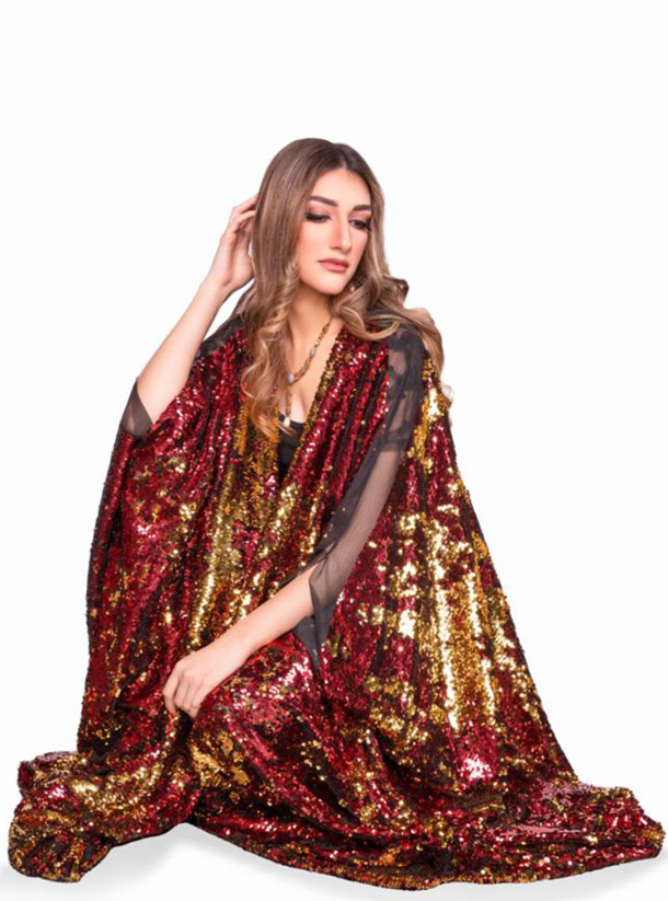 Golden ombr?? Gold and Red ombr?? sparkly abaya. Abayas from Roua Designs