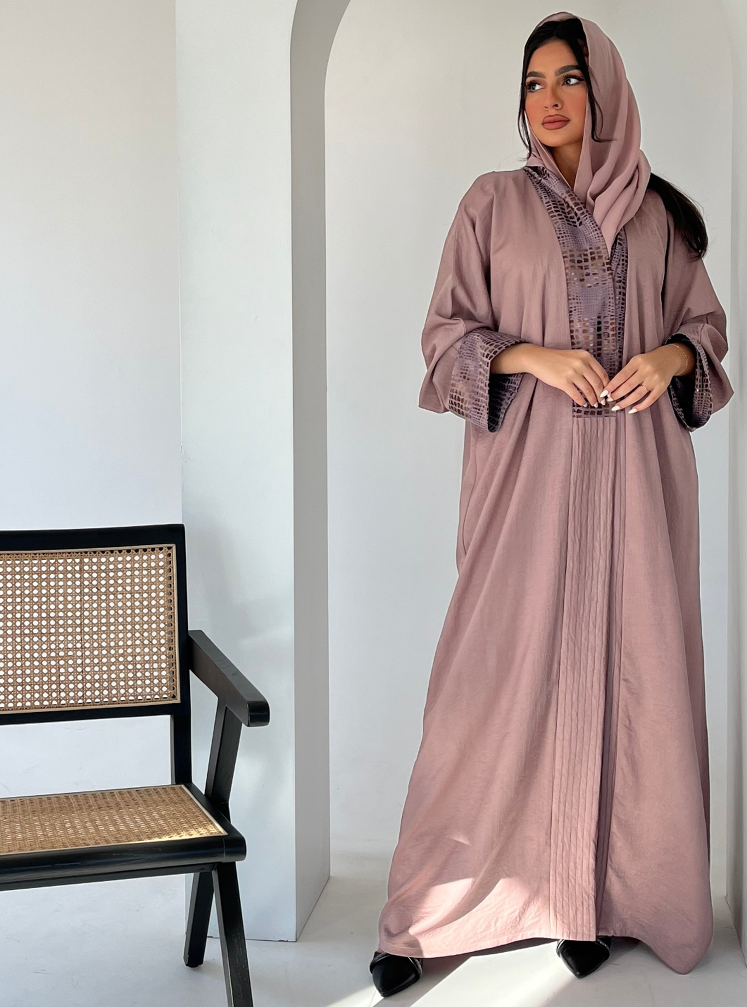 Patterned trims Snake print crepe abaya Abayas from Trendy Palace at Boksha