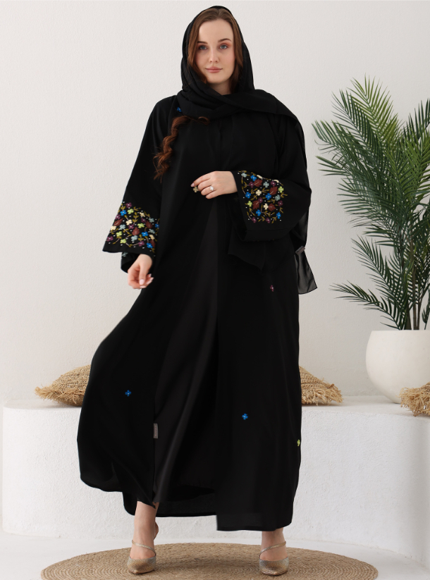Pearls& Petals Black crepe abaya with colourful petals and pearls