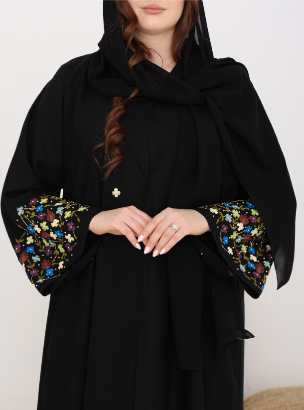 Pearls& Petals Black crepe abaya with colourful petals and pearls