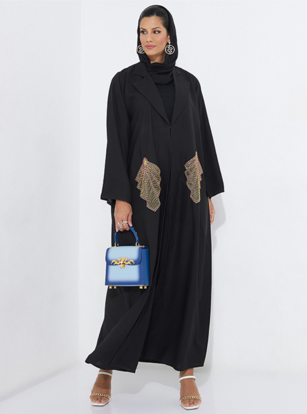 UniqueGold Abaya with v neck Collar And gold hand embroidery design