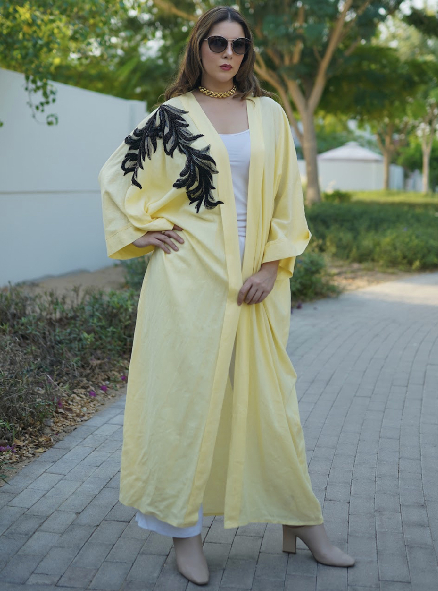 Lemon love set Linen abaya set with belt Abayas from Roua Designs at Boksha
