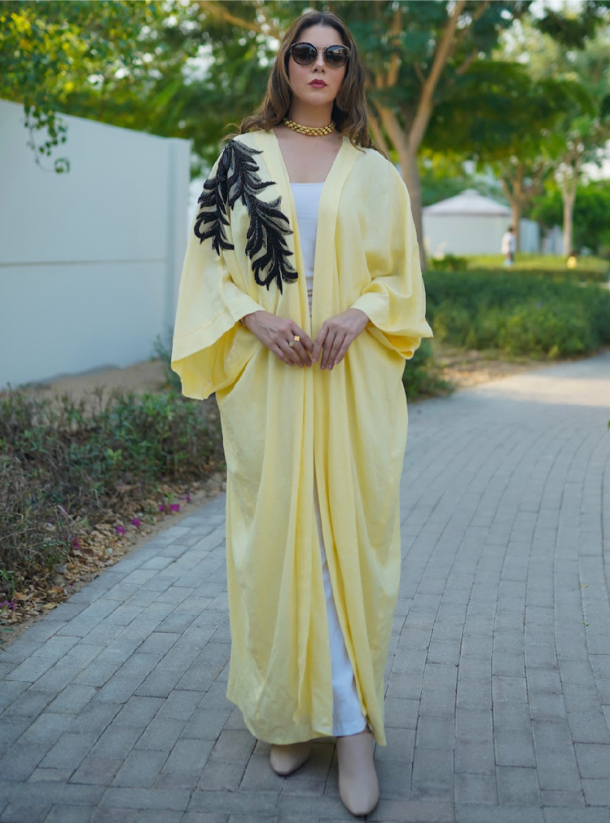 Lemon love set Linen abaya set with belt Abayas from Roua Designs at Boksha