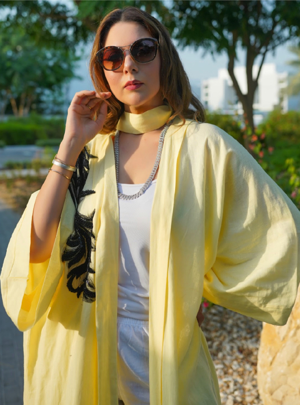 Lemon love set Linen abaya set with belt Abayas from Roua Designs at Boksha