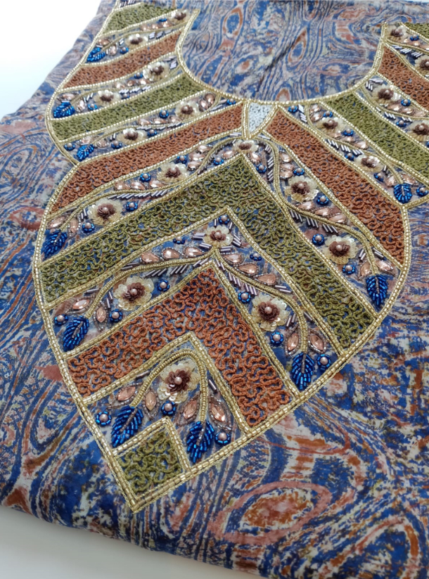 1046 Cotton Balenciaga fabric Blue and Brown Fabric with hand beading