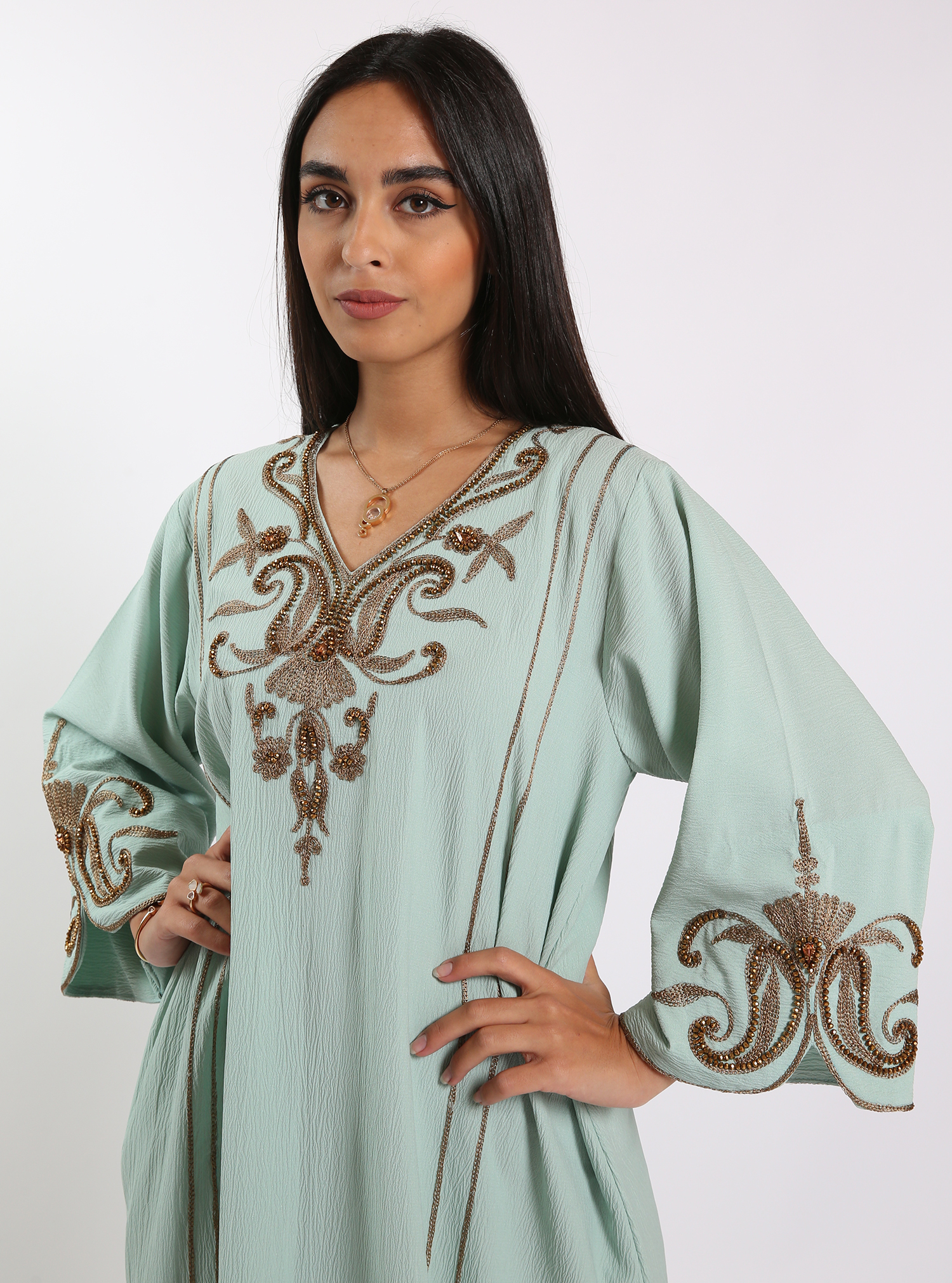 D2917LG Light Green jalabiya Dress with embroidery in both sleeves ...