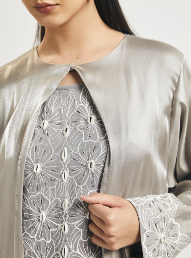 SILVER SILK CUT-WORK SILVER ABAYA IN SILK BY TELAL FEMINA Abayas from ...