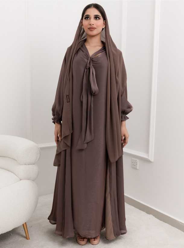 SHE21 Abaya description:Brown shiny organza abaya with ribbon and ...