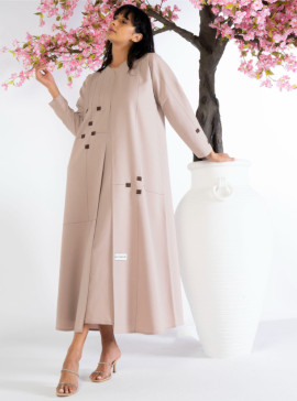K995-BEIGE Geometrical Design Abaya With Beadwork Detailing