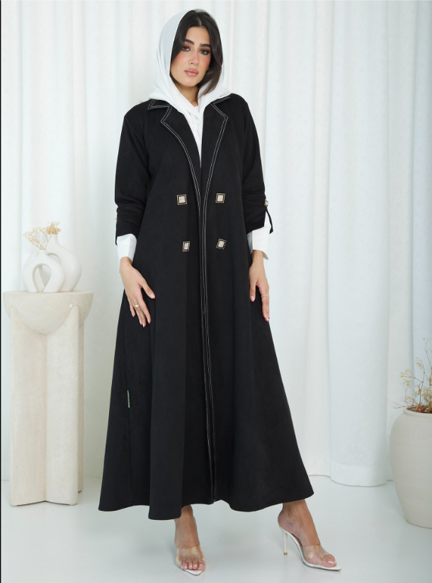 SHE49 Shamwa jacket fabric Abaya with square buttons and white satin ...