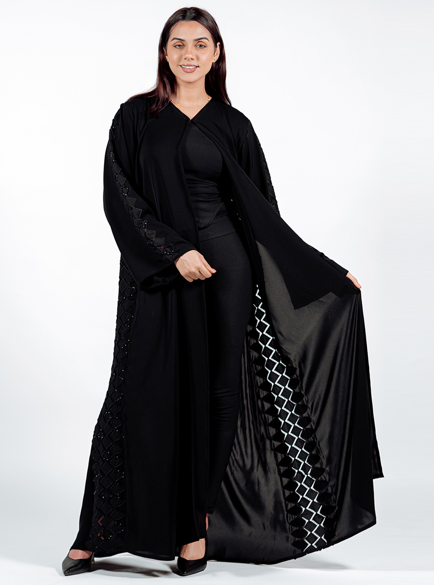 Mid Abaya 458 Casual black cut work abaya. Comes with a matching ...