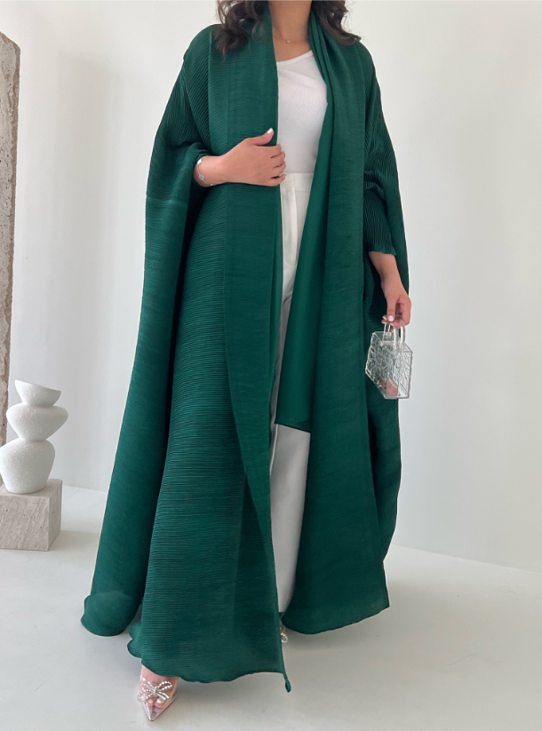 GREEN PLEATED Dark Green Pleated Abaya Abayas from Dar Noqoosh at Boksha