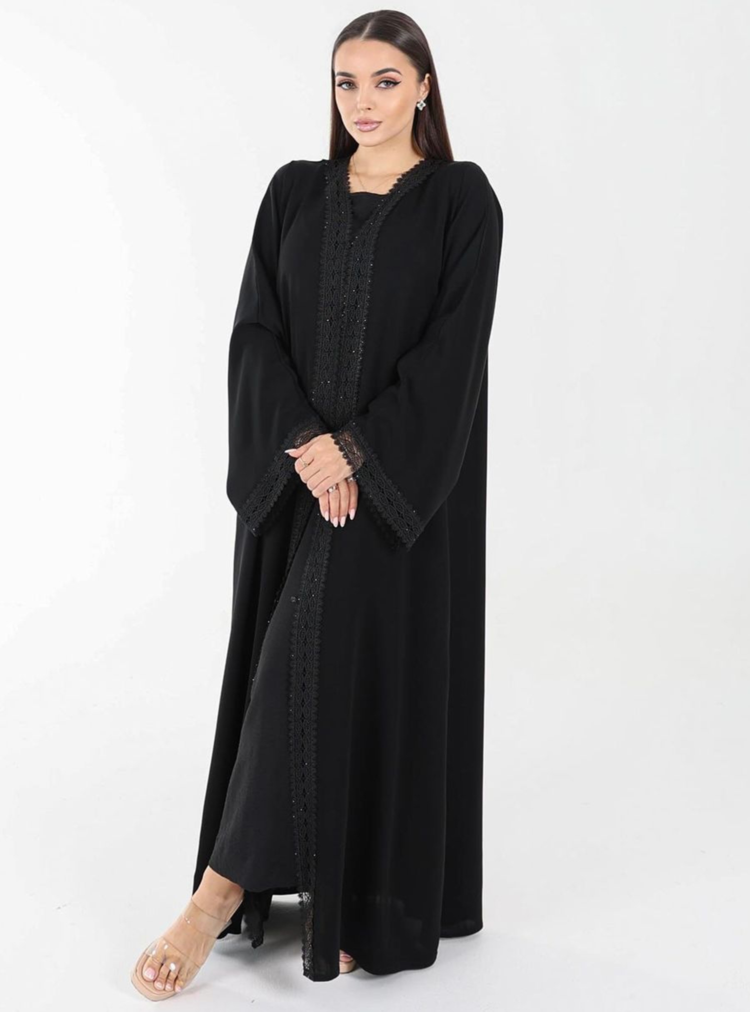 Alif-12 Black abaya with lace on front and sleeves end Abayas from Alif ...