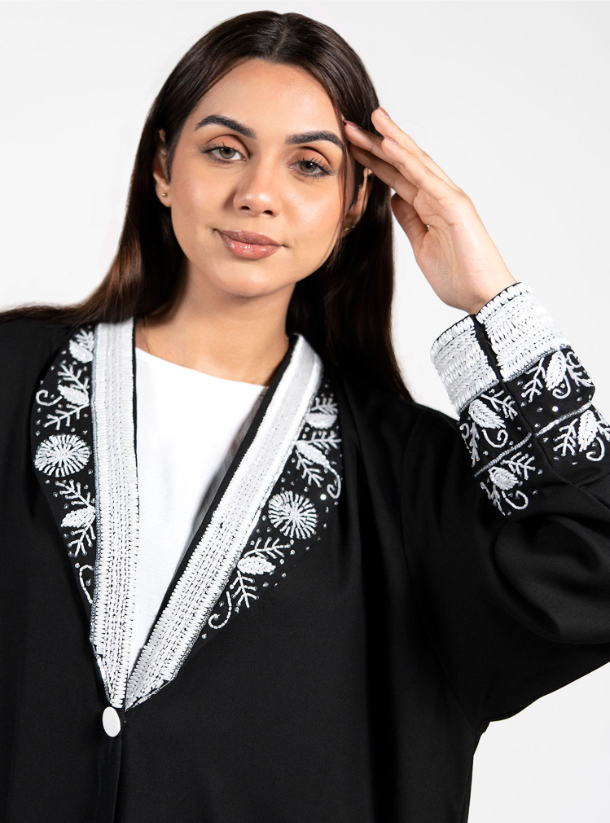 Beads Abaya This abaya is handcrafted with beads on collar and sleeves ...